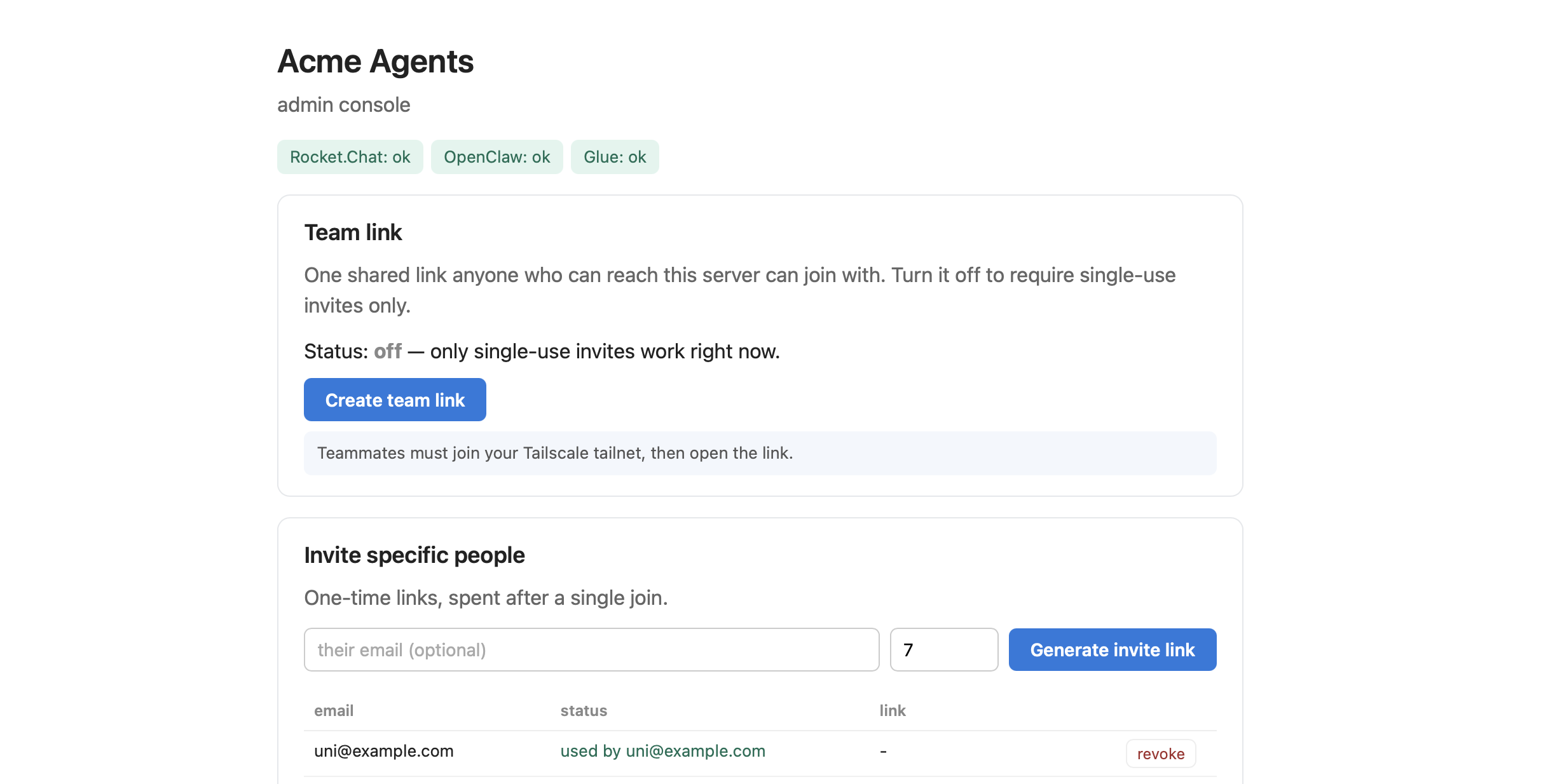 The admin console: health, a shareable team link, and one-time invites