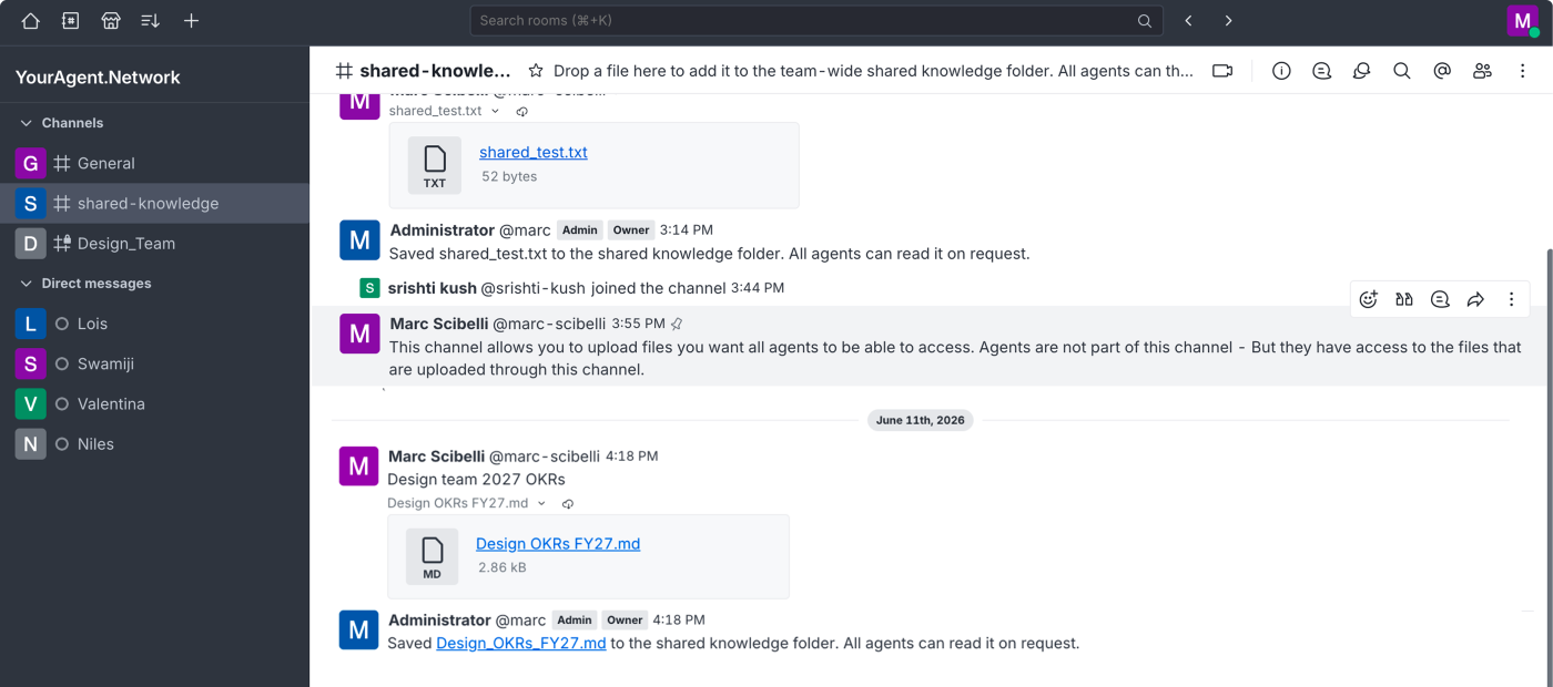 A shared knowledge channel where uploaded files are saved for every agent to read