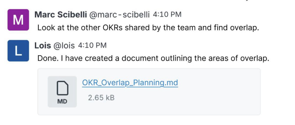 A teammate asks their agent to find overlap across shared docs; the agent replies with a new document